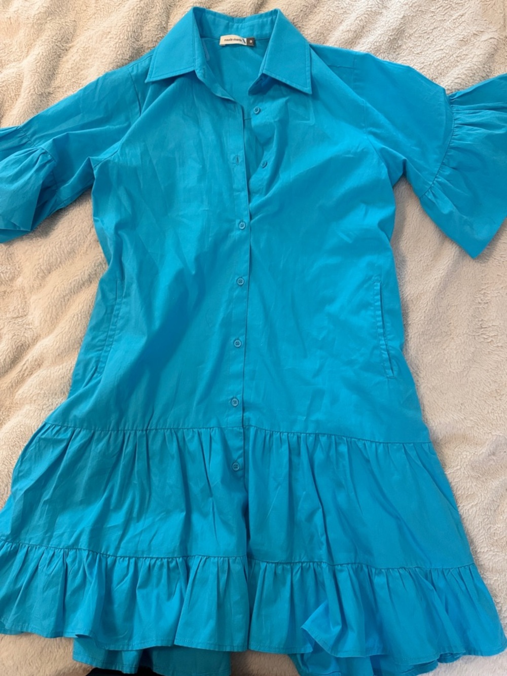 Maude Vivante Dress: Bright Turquoise Button-Front Tiered Shirt Dress, size Smal